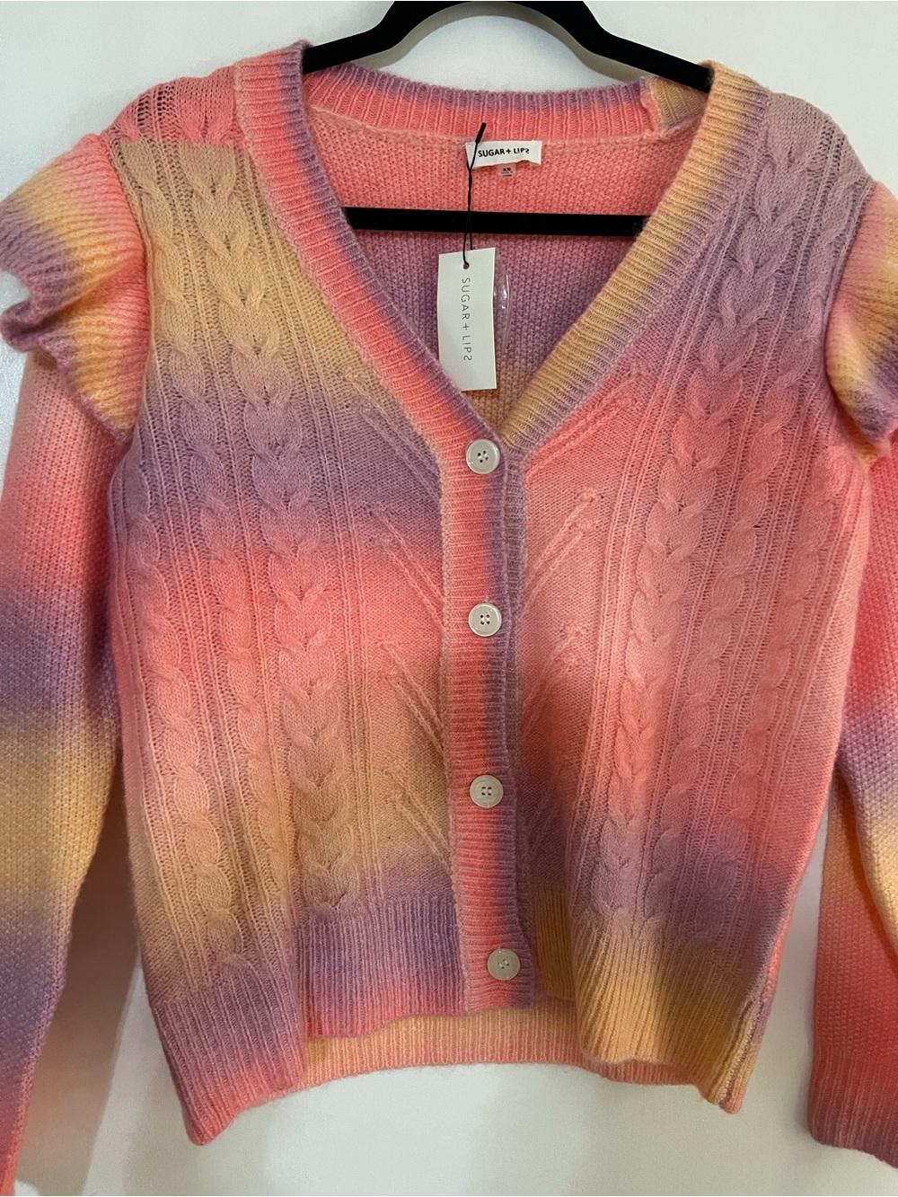 Sugarlips Pink Ombre Cable-Knit V-Neck Cardigan Sweater with ruffle shoulder new